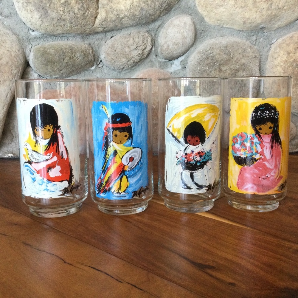 Set of 4 Signed De Grazia Native American Art Glasses